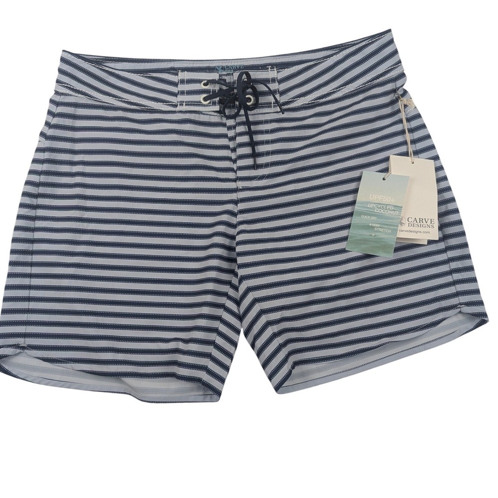Carve Designs Womens Blue Striped Board Shorts UPF 50 NWT Swim Susiainable Beach